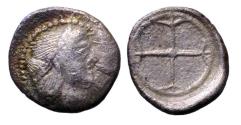 Ancient Coins - SICILY, Syracuse. Hieron I. 478-466 BC. AR silver Obol, Arethusa right / Wheel with four spokes