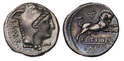 Ancient Coins - Roman Republic: Lovely  AR silver Denarius L. Thorius Balbus 105 B.C. Bull charging