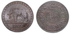 World Coins - BRITISH CEYLON. High grade 1/48 Rixdollar 1802, Elephant, GEORGE III, copper EF