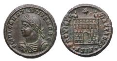 Ancient Coins - Roman Imperial: Constantius II. As Caesar, AD 324-337. Æ Follis, Camp gate - R!