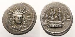 Ancient Coins - Moneyers issue of Imperatorial Rome: Rare Silver denarius of L. Mussidius Longus, 42 B.C.