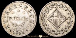 World Coins - Napoleonic Catalonia. 1 Peseta. (5.52g.). Barcelona. 1811. AC-35. EF-. Beautiful.