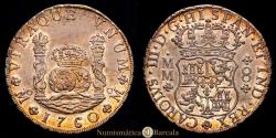 World Coins - Charles III (1759-1788). 8 reales. 1760. Mexico City. MM. (Cal-1073). Silver. 26.93 grams. Original mint luster. Light iridescent toning. Attractive specimen. Rare in this state of preservation. Choice Extremely Fine.