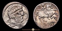 Ancient Coins - Turiaso. Denarius. (3.46 g.). Tarazona. 120-20 B.C. AB-2417. Choice VF. Very interesting crescent variant in front of the face.