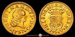 World Coins - Ferdinand VI (1746-1759). 1/2 escudo. 1757. Seville. JV. (Cal-584.3). Gold. 1.79 grams. Fourth bust. Stars flanking mint and assayer marks. Obverse edge bruise. Choice Very Fine.