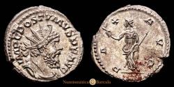 Ancient Coins - Posthumous Antoninianus, 268 AD, Treveri, 3.39 g, PAX AVG. Ex Baldomero de la Fuente Collection. XF+, RIC-318