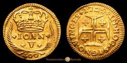 World Coins - Portugal D. João V (1706-1750) Cruzado Novo (Pinto) 480 Reis Gold 1725. AG: 85.05 (0.97g). AU-.