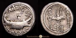 Ancient Coins - Mark Antony. Denarius. 32-31 BC. Traveling mint. (FFc-32). (Craw-544). (Cal-179). LEG. II. Countermark. Silver. 3.88 grams. Patina. Attractive. Choice VF.
