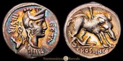 Ancient Coins - Roman Republic. C. HOSIDIUS GETA. Denarius. 68 BC. Rome. Crawford 407/2; BMCRR Rome 3388. 4.07 g. Beautiful iridescent patina. Choice Extremely Fine.