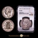 World Coins - Amadeo I (1871-1873). 5 pesetas. 1871*18-71. Madrid. SDM. (Cal-1). Ag. Attractive patina. Encapsulated by NGC as AU 58.