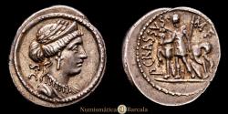 Ancient Coins - P. Licinius Crassus M.f. 55 B.C. AR Denarius (20 mm, 4.15 g). Rome. Craw 430/1. Perfectly struck and centered on the obverse on a very large flan. Magnificent iridescent toning and in m...