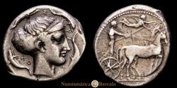 Ancient Coins - Greece. Sicily, Syracuse. Second Democracy. 466-405 B.C. Tetradrachm. (17.16 g. 26.1 mm). Sicily. 466-405 B.C. POZZI-590. VF.