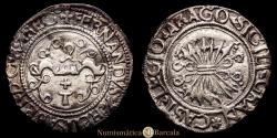 World Coins - Ferdinand and Isabella (1474-1504). 1/2 real. Toledo. (Cal-281). Silver. 1.49 grams. T surmounted by a cross below the yoke. Reverse legend without REX. Patina. Choice Very Fine (EF/VF).