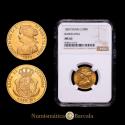 World Coins - Isabella II (1833-1868). 100 reales. 1859. Barcelona. (Cal-770). Gold. 8.37 g. Beautiful toning. Full original mint luster. Encapsulated by NGC as MS 62.