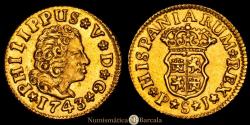 World Coins - Philip V (1700-1746). 1/2 escudo. 1743. Seville. PJ. (Cal-1646). Gold. 1.78 g. Very attractive. Original luster. Choice AU.