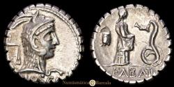 Ancient Coins - Roscia. Silver denarius (3.87 g., 18 mm.). Italy, 64 BC. FABATI. Craw-412/1. Choice Extremely Fine.