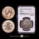 World Coins - ALFONSO XII. 5 pesetas. 1885*18-87. MPM. (Cal-2019-62). UNC, partial original mint luster. Beautiful patina. Encapsulated by NGC as MS 62.