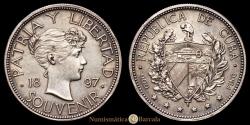 World Coins - Cuba. 1 peso souvenir. 1897. (KM-XM2). Ag. 22.56 grams. Type III, date with digits very close together, variety with star above the base of the '97'. Choice Extremely Fine.