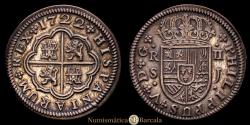 World Coins - Philip V (1700-1746). 2 reales. 1722. Seville. J. (Cal-980). Silver. Four-petaled rosettes. Denomination, mint, and assayer between large dots. Small J. Beautiful. Rare in this condition. 4.95 g...