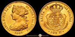 World Coins - Isabel II (1833-1868). 100 reales. 1862. Madrid. (Cal-789). Gold. 8.36 g. Original mint luster. Attractive toning. Choice Uncirculated.