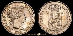 World Coins - Isabella II. 40 Céntimos de escudo. (5.28g.). Madrid. 1866. AC-501. Choice Extremely Fine. Traces of original mint luster.