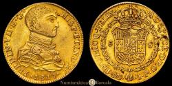 World Coins - Ferdinand VII (1808-1833). 8 escudos. 1811. Lima. J.P. (Cal-1756). (Cal onza-1214). Gold. 26.83 grams. Indigenous bust. AU (About Uncirculated). Very scarce.