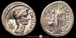 Ancient Coins - Julius Caesar. Denarius. 44 BC Rome. (Ffc-37). (Craw-480/5b). 3.61 grams. Denarius. Soft bluish cabinet patina and two banker's marks on the obverse. Choice Very Fine. Very Rare.