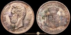 World Coins - AMADEO I (1871-1873). 5 Pesetas. (Ag. 25.01 g). 1871 *18-71. Madrid SD M. (Cal-1). Choice Extremely Fine. Beautiful dark patina.