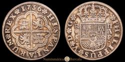World Coins - Philip V (1700-1746). 2 reales. 1736. Seville. AP. (Cal-995). Silver. 5.48 grams. Light patina. Choice Very Fine.