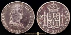 World Coins - Ferdinand VII (1808-1833). 8 reales. 1825. Potosí. J. (Cal-1393). Ag. 26.72 grams. Dark patina. Single-letter assayer much rarer, final date of issue. Choice VF.