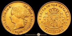 World Coins - Isabella II (1833-1868). 4 pesos. 1863. Manila. (Cal-856). Gold. 6.73 g. Traces of original luster. Light toning. Choice Extremely Fine. Rare in this condition.