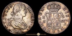World Coins - Charles IV. 2 Reales. (5.85 g.). Madrid. 1798. Assayer C.N. Aureo & Calico-719. Choice Extremely Fine/Extremely Fine. Traces of original luster. Scarce.
