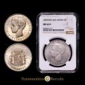 World Coins - Centenary of the Peseta (1868-1931). Alfonso XIII (1886-1931). 5 pesetas. 1899*18-99. Madrid. SGV. (Cal-110). Silver. Original mint luster. Encapsulated by NGC as MS 62+.