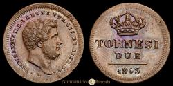 World Coins - Italy - Ferdinand II. 2 Tornesi (6.50 g.). Naples. 1843. MIR-582/3. UNC-.