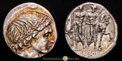 Ancient Coins - Memmia. L. Memmius. Denarius. 109-108 BC. Southeastern Italy. (Ffc-906). (Craw-304/1). AR. 4.01 g. Soft patina with striking iridescent toning. Attractive specimen. Choice Extremely Fine.