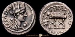 Ancient Coins - Denarius. 67 BC. PLAETORIA. M. Plaetorius M.f. Cestianus. 3.94 g. AR. BMC-3574-95; Craw-409/2; Se-3. Choice EF.