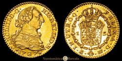 World Coins - Carlos III (1759-1788). 1 escudo. 1787. Madrid. DV. (Cal-1370). 3.33 g. Au. Original luster. Rare in this state of preservation. Fine specimen. AU/AU+.