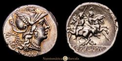 Ancient Coins - Servilia. C. Servilius M.f. Augur. Denarius. 136 BC. Central Italy. (Craw-239/1). Silver. 3.69 grams. Beautiful cabinet toning with iridescence and much of the original mint luster. Choice EF/EF+. Rare...