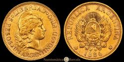 World Coins - Argentina. 5 Pesos. (One Argentino). 1886. (Km-31). (Frito-14). Au. 8.07 grams. VF+.