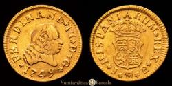World Coins - Ferdinand VI (1746-1759). 1/2 escudo. 1749. Madrid. JB. (Cal-551). Gold. 1.75 g. Second bust. Choice Very Fine.