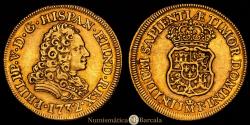 World Coins - Philip V (1700-1746). 2 escudos. 1732. Madrid. JF. (Cal-1869). Gold. 6.73 grams. Very rare. Beautiful color. Choice Extremely Fine.