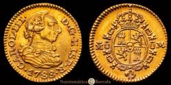 World Coins - Charles III (1759-1788). 1/2 escudo. 1788. Madrid. M/DV. (Cal-1285). Gold. 1.76 g. Scarce. Beautiful color. Choice Extremely Fine.