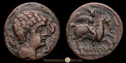 Ancient Coins - ILTIRTA. Hispania. As. 200-20 BC. Vv27.12 var. (lacking mantle at neck). 12.36 g. Die axis 10 h. Choice VF/VF. Brown patina. Very attractive specimen. Very rare.