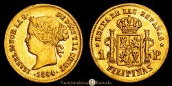 World Coins - Isabel II (1833-1868). 1 Peso. 1864. Manila. (Cal-826). Gold. 1.69 grams. Traces of original luster. AU-. Scarce.