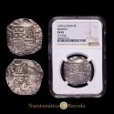 World Coins - Philip II (1556-1598). 4 reales. 1595. Segovia. I. (Cal-548). (Jarabo-Sanahuja-A278). Ag. 13.53 g. Very attractive, soft patina with a light tone. Rare. Encapsulated by NGC c...