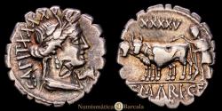 Ancient Coins - C. Mario C.f. Capito. Serrate denarius, 81 BC, AR 4.01 g. RBW 1404. Crawford 378/1c. Wonderful iridescent tone. Choice VF.
