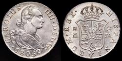 World Coins - Charles IV (1788-1808). 8 reales. 1805. Madrid. FA. (Cal-943). Ag. 27.12 grams. EF/EF+.