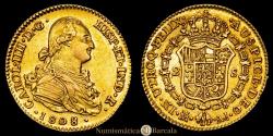 World Coins - Charles IV (1788-1808). 2 escudos. 1808. Madrid. AI. (Cal-1320). Gold. 6.70 g. Partial original luster. Rare in this state of preservation. Choice Extremely Fine. Beautiful color.