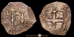 World Coins - Charles II (1665-1700). 8 reales. 1686. Lima. R. (Cal 2019-591). Ag. 26.39 g. Visible double date, double mint mark and assayer. VF+. Scarce.