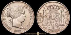 World Coins - Isabella II (1833-1868). 2 escudos. 1867. Madrid. (Cal-647). Ag. 25.86 grams. Light patina. Choice Extremely Fine/Extremely Fine+.